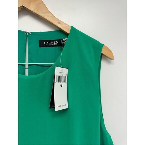 Lauren Ralph Lauren Shift Dress Size 12 Green Round Neck Ruffled NWT - Picture 6 of 13